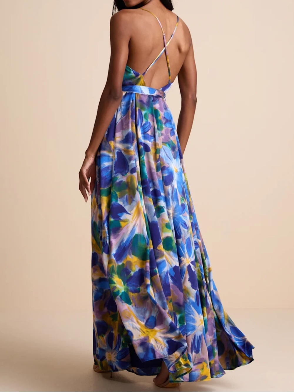 LuLus Still the One Blue Multi Floral Print Satin Maxi Dress women’s size small - Picture 4 of 10